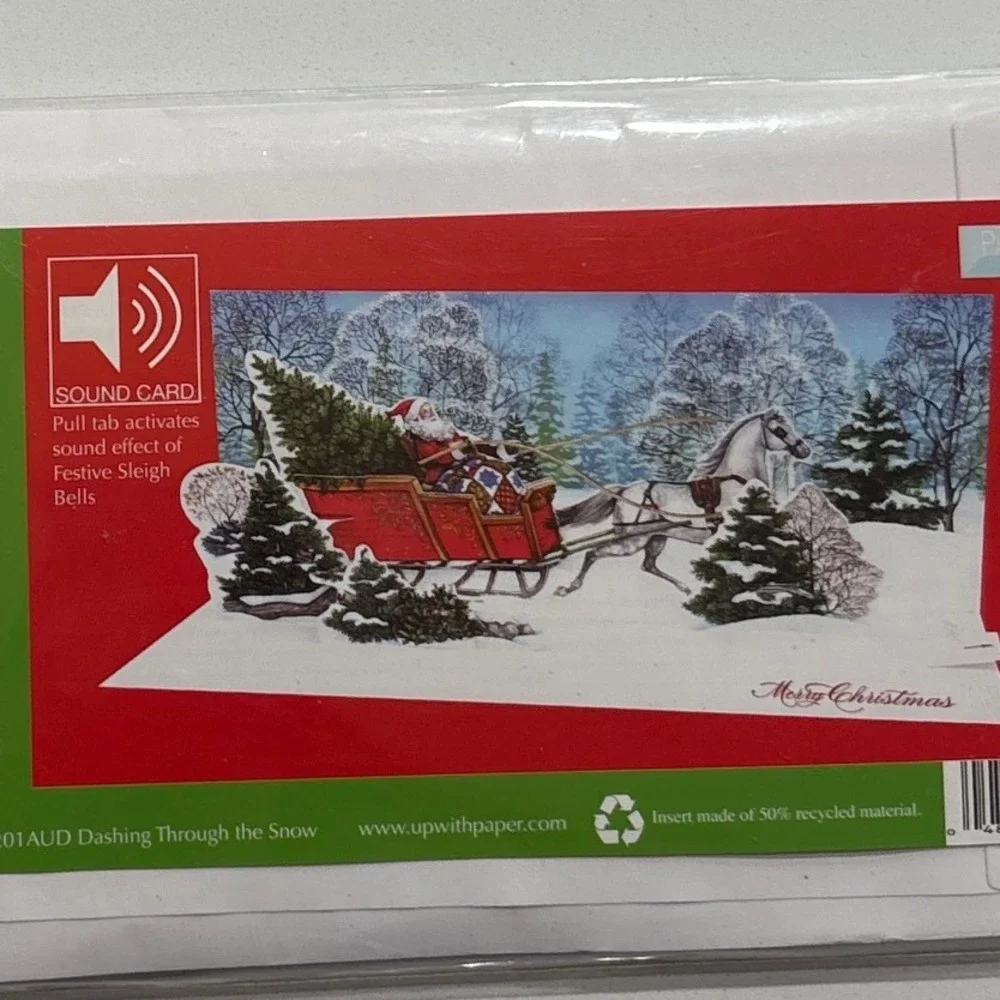 2 Vintage Holiday Pop-Up Christmas Cards Santa Sleigh Winter Decor‎